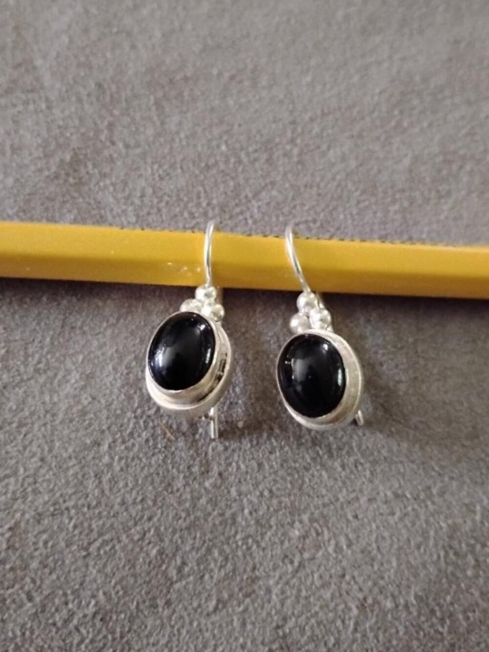 Sterling Silver - pierced earrings ~ black onyx cabochon drops